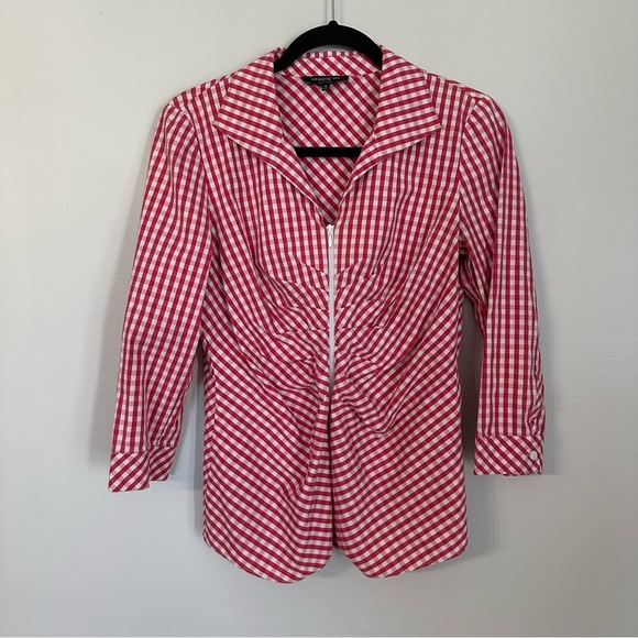Lafayette 148 Women’s 3/4 Sleeve Pink & White Checkered Zip Up Blouse Sz 8 GUC - Picture 2 of 8